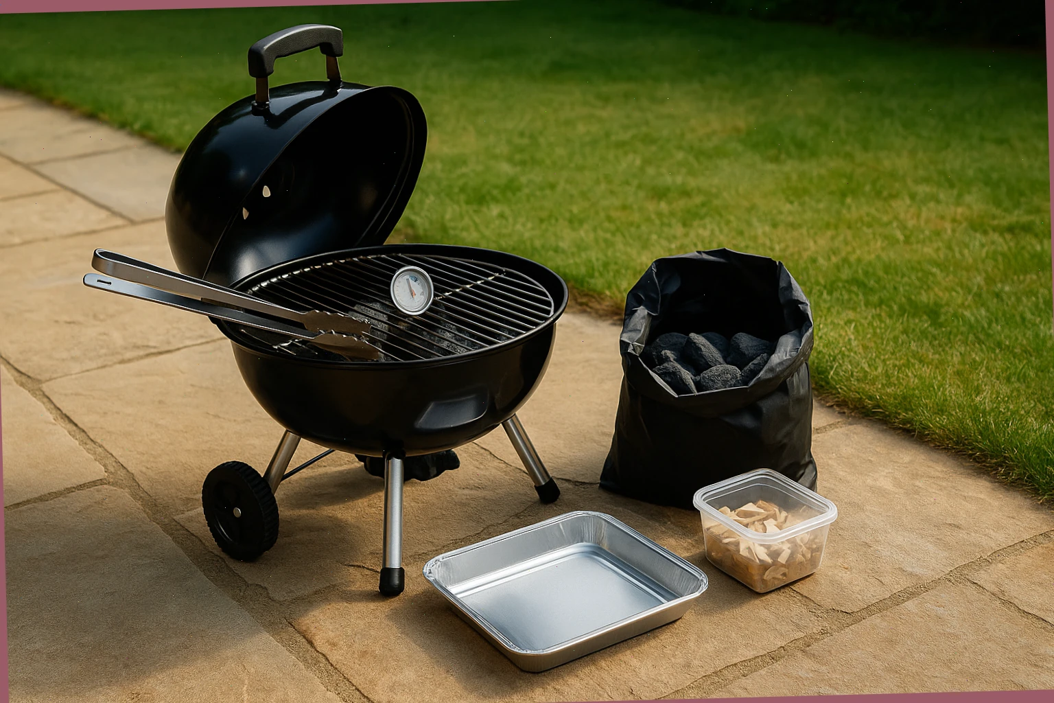 Compact BBQ grill kit with tongs, thermometer, fuel and tray ready for hire